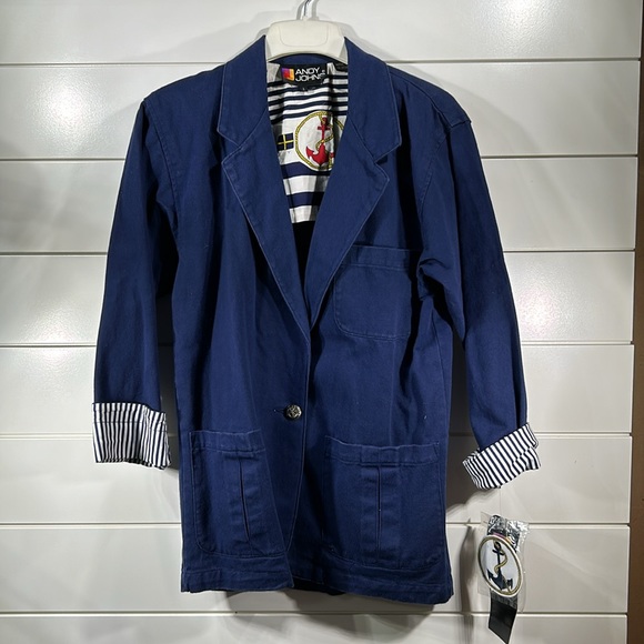 Andy Johns Blazer Womens Large Blue Nautical Vintage 80s Anchor Striped Cuffs - Picture 2 of 8